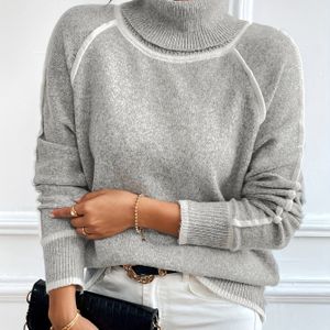 Trim Turtle Neck Sweater, Casual Long Raglan Sleeve Sweater Voor Herfst & Winter, Vrouwenkleding