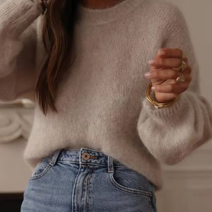 Dames Elegante Beige Oversized Ronde Hals Trui - Zachte Lange Mouwen Blouse, All-Seizoen Knusse Trui Jas of Laagjes Top, Wasmachinebestendig Casual tot Formele Kleding (Wit, , Lichtgeel)