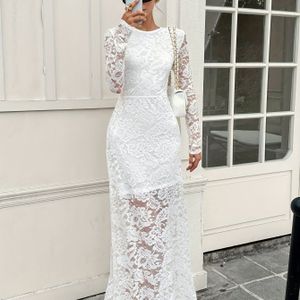 Elegante witte kanten lange mouw maxi jurk voor dames - Ronde hals, ritssluiting detail, stromende ontwerp voor bruiloften, feesten & formeel