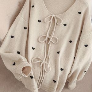Voorste Strik Schattige Trui Cardigan met Hart Borduursel, Zachte en Zoete Trui Cardigan voor Vrouwen, Valentijnsdag Dameskleding