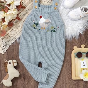 DovFanny Baby Trui Overall - Schattig Rondhals Kippenpatroon Trui Romper met Licht Stretch, 100% Acryl Stof, Dierenontwerp, Ideaal voor Herfst/Winter - Unisex Overslag Jumpsuit