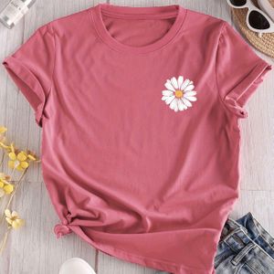 Women's Casual Sports Style Round Neck T-shirt - Soft Polyester Top With White Daisy Floral Print, Machine Washable, , Regular Fit, Ladies T Shirts