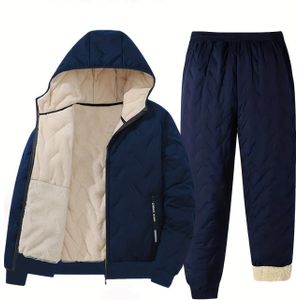 Heren Winter Warme Fleece-Gevoerde Dikke Tweedelige Set, Casual Modieuze Cardigan en Sneakerbroek met Trekkoord