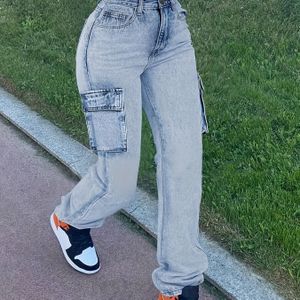 Vrouwen High-Waisted Vintage Cargo Jeans, Wijde Pijpen Fashion Denim Broek met Meerdere Zakken, Kleur Geweven Stof, Medium Stretch, 60% Katoen, 35% Polyester, 4% Rayon, 1% Spandex