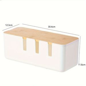 Compact Cable Management Box With Wood Lid - 12x5x4.5" White For Desk, Tv, Computer Usb - Hides Power Strips & Cords, Ideal For Tech-