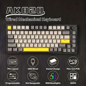 Ajazz Ak820 75% Wired Rgb Slab Mechanical Keyboard With Volume Knob, South Led, Foam, Pbt Keycaps, Hot-swappable Gaming Keyboards Popular Colors