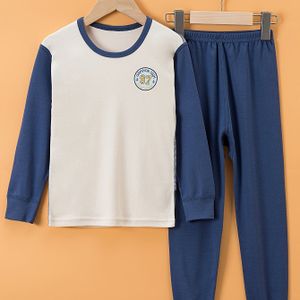 Jongens' Warme Ondergoedset met Top + Broek, Marineblauw, Geel en Beige Patchwork, Geschikt voor Lente, Herfst en Winter