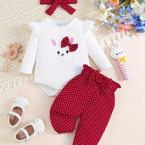 Stijlvolle Baby Meisjes Schattige Konijn Lange Mouw Top met Pofmouwen + Volledig Bedrukte Stippen Comfortabele Strik Broek Set + Haarband Driedelige Outfit voor Buiten