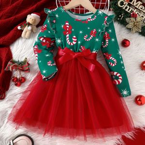 Meisjes Winter Kerstfeest Prinsessenjurk Met Mesh & Voering, Vakantie Plezier Lange Mouw Kerstjurk Met Lint Riem, Feestcadeau