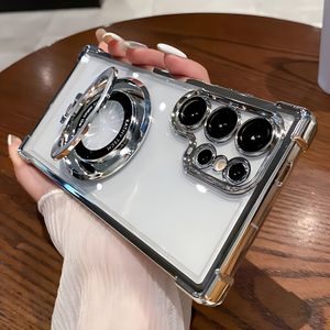 Vier Hoeken Luchtkussen Anti-Vallen Transparante Elektrogeplateerde Magnetische Standaard Beschermhoes voor SamSung voor S24 S23 S22 S21 Ultra