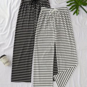 2-delige set zwarte en witte gestreepte casual broek met trekkoord en elastische taille, veelzijdig en casual, geschikt voor lente, zomer en herfst