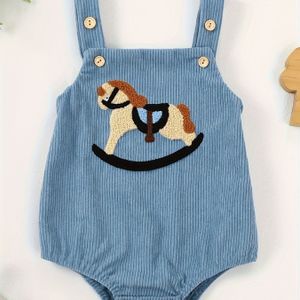 Schattige Jongens' Koningsblauwe Corduroy Romper met Carrousel Borduursel - Mouwloos, Schouderbloot Ontwerp voor Herfst/Winter, Perfect voor Buiten