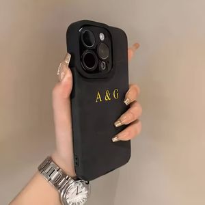 Personalized Phone Case For Iphone 16 15 14 11 Pro Max Customized Name Initials Letters Engraved 3d Golden Hot Stamping Luxury Plain Suede Lambskin Leather Shockproof Case