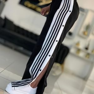 Witte & Marineblauwe Gestreepte Wijdpantalon met witte strepen en knoopsluiting - Casual broek in horizontale streeptjes (wit/zwart/grijs) voor workouts, casual kleding – Wasmachinebestendig