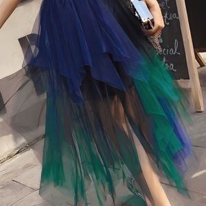 Dames Hoge Taille Mesh Rok met Kleurblok Ontwerp - Marine, Zwart en Groen Tule, Uitlopende , Perfect voor Lente en Herfst, Rok|Kleurblok Rok|Polyester Mesh
