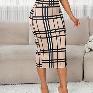 Elegante Rok - Beige//Zwart/Wit Geruit Getailleerde Potloodrok, Kantoor tot Feestkleding, Wasmachinebestendig Kreukbestendig Fit & Flare Ontwerp, Semi-Formele Kleding (Lente/Herfst)