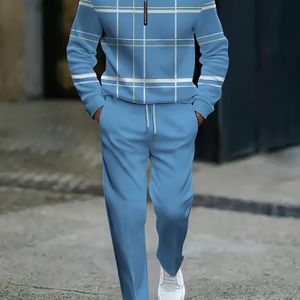 Europese en Amerikaanse heren eenvoudige veelzijdge lichtblauwe casual pak met gestreept gedrukt vrijetijdsbroek set voor langere mouwen