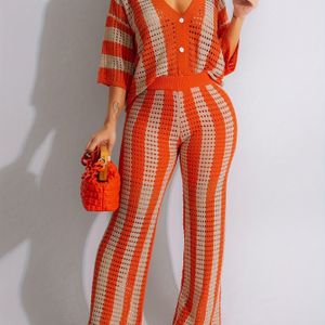 Stijlvol Kleurblok Gebreide Top & Broek Set - V-hals, Uitgeholde Detail, Acryl, Gestreept , Ene-ruiter, Vakantieklaar, Outfit|V-hals Top|Acryl Stof