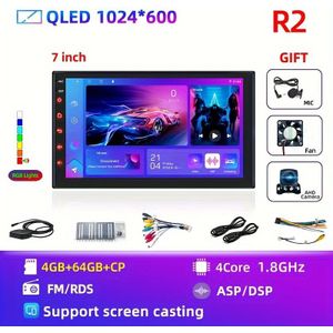 7-Inch 4-Core 4G RAM + 64GB ROM 12 GPS Autoradio met 2DIN 1280*720 Scherm, HD Achtercamera, Ventilator, CarPlay & Auto, USB Poort, Bekabelde Voeding, 4G LTE, , 4K Video, Zonder Batterij