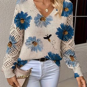 Elegante dames trui met V-hals en lange mouwen - bohemian bloemenprint pullover met paarse & zwarte madeliefjes, zachte top met ronde hals voor kantoor, streetwear