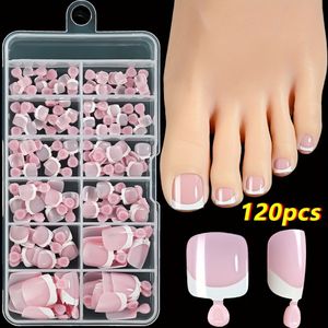 120 stuks/doos nude roze acryl teennagels korte vierkante vorm teennageltips heldere gel teennageltips voor DIY manicure - glanzende afwerking plak-teennageltips