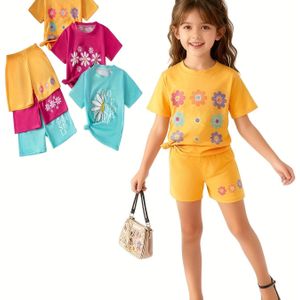 6-delige set meisjes bloemenprint zomer ronde hals mode korte T-shirt en licht rekbare ademende shorts, outdoor casual kleding, geschikt voor zomerse buitenactiviteiten, perfect voor buiten