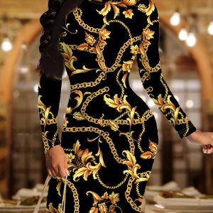 Elegante, directionele mode ronde hals lange mouw jurk - Perfect voor comfortabele lente, herfst en winter - een sexy split jurk met gouden kettingen en gouden bloemenpatronen.