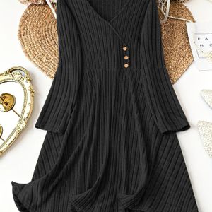 Plus Size - Dames V-hals Lange Mouw Geribbelde Kleur Casual Jurk | Elegante Stijl, Knielengte, Knoopdetails, Zonder Riem, Geschikt voor Alle Seizoenen, door OUFEIYA