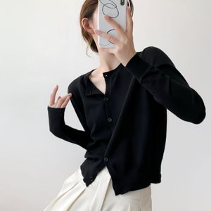 Women's Classic Crew Neck Cardigan - Long Sleeve Knit Fabric Solid Color Sweater With Stretch, Polyester 40% Elastane 60% - Versatile Wear