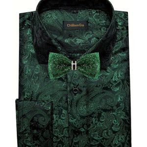 2 Stuks Donkergroene Paisley Overhemden Met Lange Mouwen En Boegknoopjes