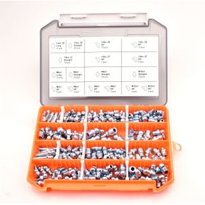 175- Premium Vetpistool Accessoire Kit - Duurzaam IJzer, Vernikkelde Fittingen, Recht & , SAE 1/4" - 28UNF, 1/8" NPT M6 M8 M10 met Organizer Case - Perfect voor Industriële Smeeronderhoud