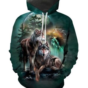 Plus Size Heren Hoodie met Wolfprint - Zacht, Comfortabel Polyester Pullover met Kangoeroezak, Casual Stijl, Vrijetijdsstijl, Conventionele Versie, PLUS MAAT