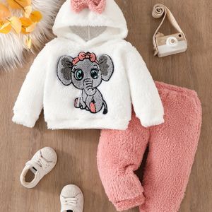 Baby Schattige Olifant Strikversierde Muts, Dikke Pluizige Top en Kleur Dikke Pluizige Casual Broek, Tweedelige Set, Perfect voor Buiten