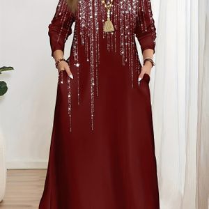 Plus Size, Elegante Burgundy Digitale Print Maxi Jurk met Lange Mouwen voor Dames - Kreukbestendig en Wasmachinebestendig, Ronde Hals Geplooide Rok, Vakantie & Casual Kledingstuk HRA178
