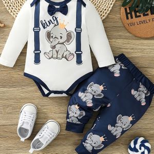 HIBOBI Baby Boy Schattige Cartoon Olifant Print Romper en Broek Set, Lente/Zomer Gebreid met Lichtrekbare, Reguliere Pasvorm, Polyester 95%, Elastane 5%, Bow Detail, voor Buiten