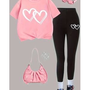 Zomer- en Herfstset voor Meisjes met Liefdesprint, Ronde Hals Korte Mouw T-shirt en Lange Broek met Liefdesprint - Tweedelige Casual Modieuze Middelgrote Kinderkleding
