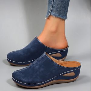 Dames 2025 Nieuwe Comfortabele Slip-On Mules - Chunky Heel Ronde Teen PU Cover Schoenen, Marineblauw Veelzijdige Casual & Formele Kleding Platform Hakken voor Dames