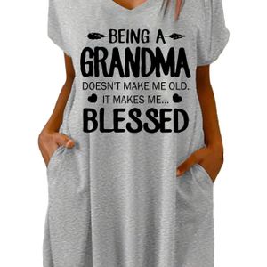Women's Plus Size V-neck Batwing Sleeve Dress With Pockets - "being A Grandma Old, It Blessed" Graphic, Casual , Beige, Comfortable Stretch Fabric, Grandma Dress