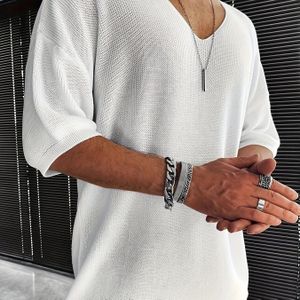 Heren Casual V-hals Gebreide Pullover - Losse Pasvorm, Korte Mouw, Kleur, Lichtgewicht Viscose, Ideaal voor de Zomer, Casual Kleding|Gebreide Textuur