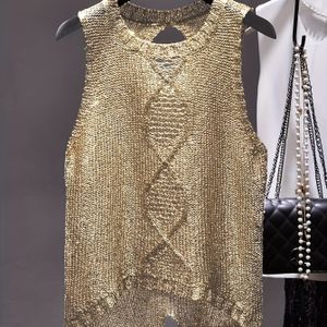 Vrouwen Elegante Semi-Transparante Mouwloze Vest Top met Gescheurde Details - Gouden Ronde Hals voor Feest & Casual , Machinewasbaar voor Lente Zomer Herfst, Seizoensmode, Delicate Textuur