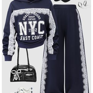 Herfst-Winter Meisjesmode Elegante Contrast Kant Letterprint Capuchon Trui en Patchwork Rechte Broek Lange Jas Tweedelige Set, Perfect voor