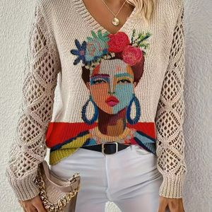 Plus Size, Bohemian Stijl, Mode V-Hals Lange Mouw Bloemenprint Trui voor Dames - Ideaal voor Kantoor, Streetwear & Thuis