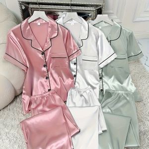 Casual Mode Comfortabele 6-delige Set Kleur Satijnen Korte Mouw Shirt & Elastische Taille Broek Standaard Maat Korte Lange Pyjama Set