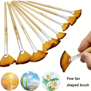 10 stuks Fan Paint Brush Set, Zacht Nylon Borstels, Ergonomisch Gourde Houten Handvat, voor Acryl, Waterverf, Olie & Gouache Schilderen, Ideaal voor Kunstenaars, Docenten, Studenten, Beginners