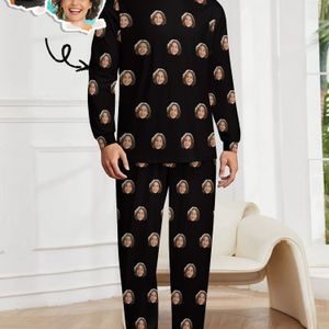 1set Custom Face Print Men's Pajama Set - Personalized Long Sleeve Warm Sleepwear, Funny Christmas Birthday Gift For Husband, Dad, Boyfriend - Polyester Knit Fabric With Stretch, Regular Neck Pjs