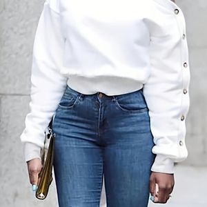 Eén-Schouder Pullover Sweatshirt, Elegant Versierd met Lange Mouw Knoopdetails, Geschikt voor Lente en Herfst, Dameskleding.