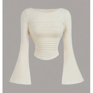 Casual kleur bootnek bel mouw gerimpelde taille multifunctionele T-shirt, Halloween shirt, gestrekte T-shirt, top met mouwen, lange mouw dames top.