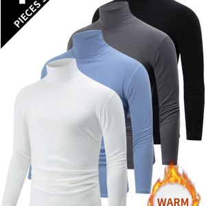 4-Pack Heren Crew Neck Lange Mouw T-shirts - Casual Polyester Breisel, Kleur, Skinny Fit, Medium Stretch, Warme Fleece-gevoerde Tops voor Herfst en Winter, Dik