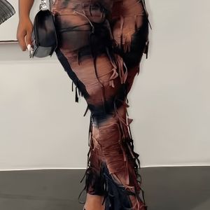 Sexy Tie-Dye Tassel Flare Leg Pants voor dames, hoge taille slim fit gebreide polyamide spandex blend, elastische taille alle seizoen lange broek met riemsluiting, 250g/m² stoffgewicht