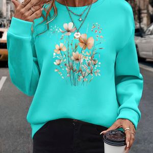 Elegante Bloemenprint Crew Neck Sweatshirt voor Vrouwen - 100% Polyester Bohemian Stijl Lange Mouw Knit Pullover